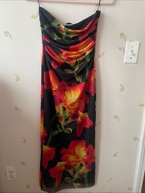 Zara Black Strapless Maxi Dress with Red & Yellow Floral Print